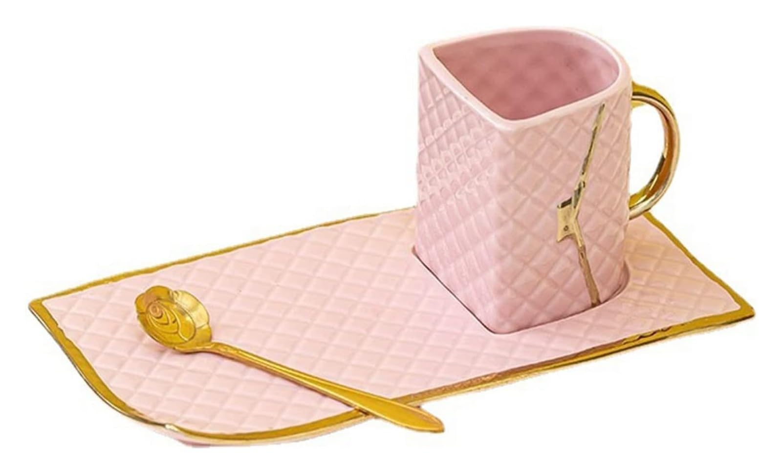 Elegancki zestaw filiżanek do kawy angielskiej ze spodkiem i łyżeczką - idealny prezent na parapetówkę i biuro (Pink)