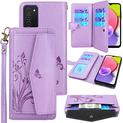 Lacass Compatible with Samsung Galaxy A03S Case, 12 Card Slots Holder Pocket Wallet Case Stand Flip Leather Cover Wrist Strap Lanyard (Butterfly Light Purple)