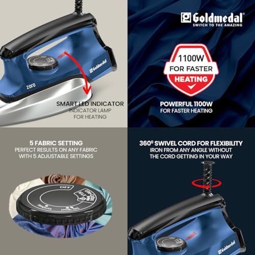 Image of Goldmedal Zoro 1100W Dry Iron| Non-stick Premium Triple Coated Soleplate| 5 Fabric Setting|1.8 Meter Cord|360 Swivel Cord| Indicator Lamp for Heating| 2.5 Years Warranty| Light Weight (Blue)