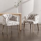 DUOMAY Modern Tufted Dining Chairs Set of 2, Linen Upholstered Side Chair, Comfy Accent Barrel Chair with Wood Legs for Home Kitchen Dining Room Living Room Restaurant, Beige Flower Pattern