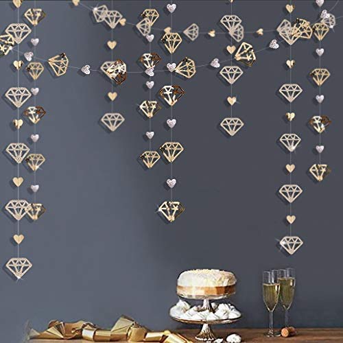 52Ft Champagne Gold Valentine's Day Diamond Heart Hanging Glitter Metallic Paper Garland for Bachelorette Engagement Wedding Bridal Shower Anniversary Birthday Christmas Party Decoration (4 Packs)