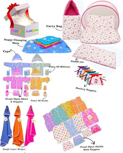 Image of Toddylon Flat Bed 56 in 1 New Born Baby Products All Baby Bedding Set & Clothes Gift Packs (0-6 Months)