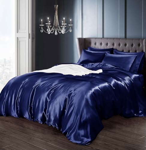 Intimates Satin Silky Bedding Sets Duvet Cover, Fitted Sheet and Pillowcases Easy Care Duvet Cover Complete Set (Double, Navy)
