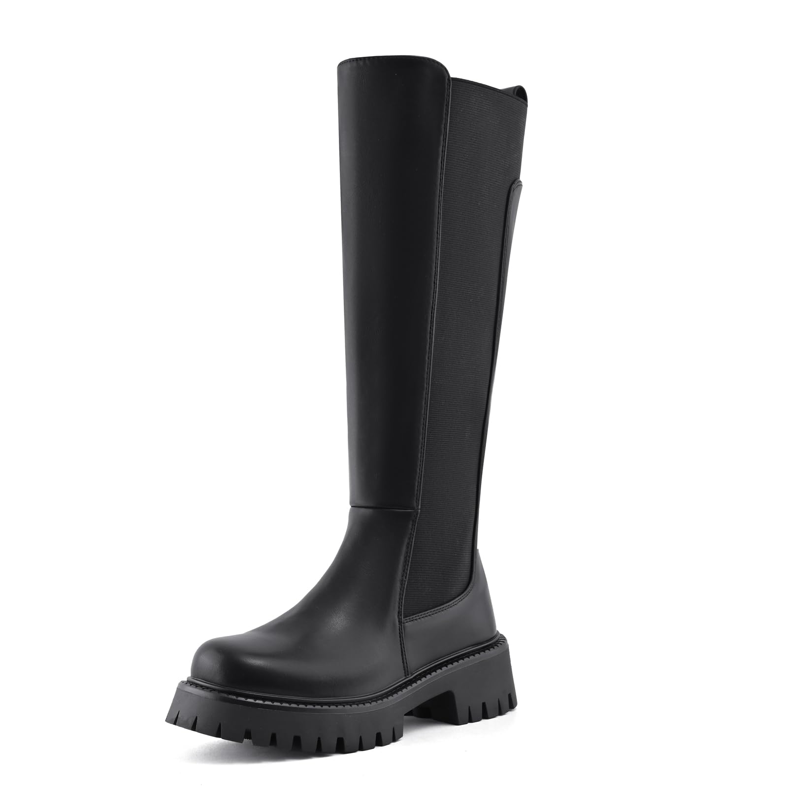 Women’s Knee High Boots Platform Stretch Lug Sole Riding Boots Round Toe Elastic Comfortable Fashion Dress Boots with Side Zipper