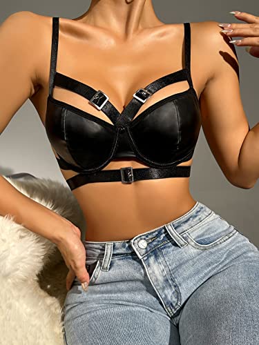 Sweatyrocks Women's Pu Leather Lingerie Buckle Strappy Cut Out Bra Underwire Push Up Bralette Black S #TOP2