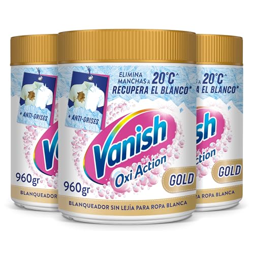Vanish Oxi Action Gold - Quitamanchas multibeneficio, blanqueador y potenciador del lavado, para ropa blanca, En Polvo, Sin Lejía 2,88kg (3x 960g)