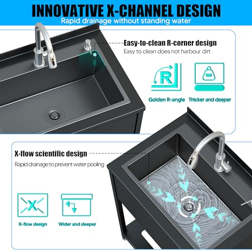 Image of Stainless Steel Utility Sink, 25.7 inch x 20.7 inch x 39.5 inchFreestanding Sink with Cold and Hot Water Faucet,Hoses and Drain Kit for Kitchens, Bathrooms, Garage, Laundry Room