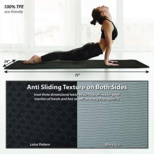 Bell & Howell Extra Thick Tpe Yoga Mat, 72”L X 24”W X ½ Inch Thickness, Slip Resistant Technology, High Density, Strap Included, Black/Gray #TOP1