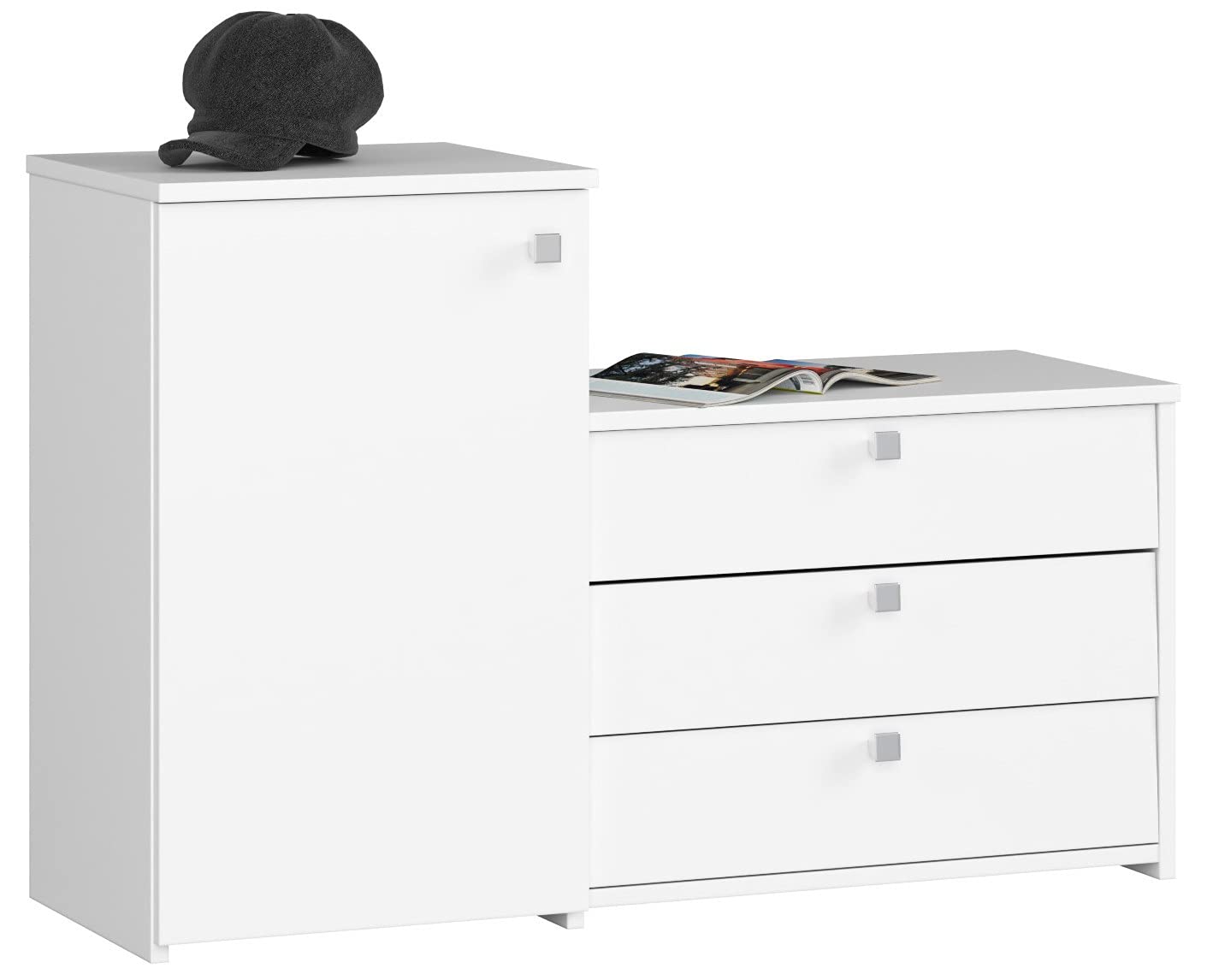 AKORD 2-in-1 garderobekast schoenenkast met klapdeuren, schoenenkast, gesloten schoenenbank, schoenenopslag, 98,4 x 68/43 x 33 cm, gewicht 29 cm, kleur wit