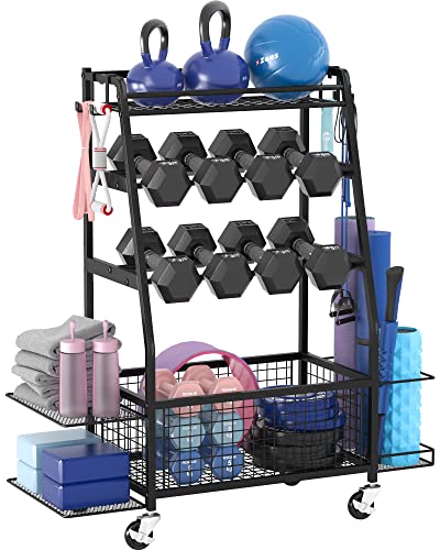 Staransun Staransun Dumbbell Rack Stand - Weight Rack for Dumbbells - Home Gym Storage Rack with 4 Flexible Wheels - Weight Rack for Home Gym with Side Storage and Hooks