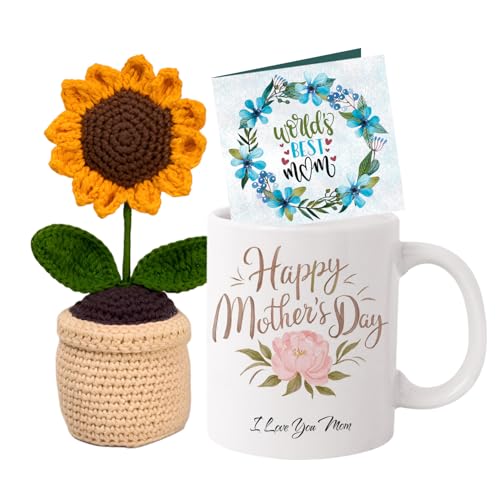 Image of TIED RIBBONS Gift for Mom, Birthday Gift for Mom Gift Combo for Mom - Artificial Crochet Flower with Pot with Ceramic Printed Mug, Greeting Card | Birthday Gifts for Mother