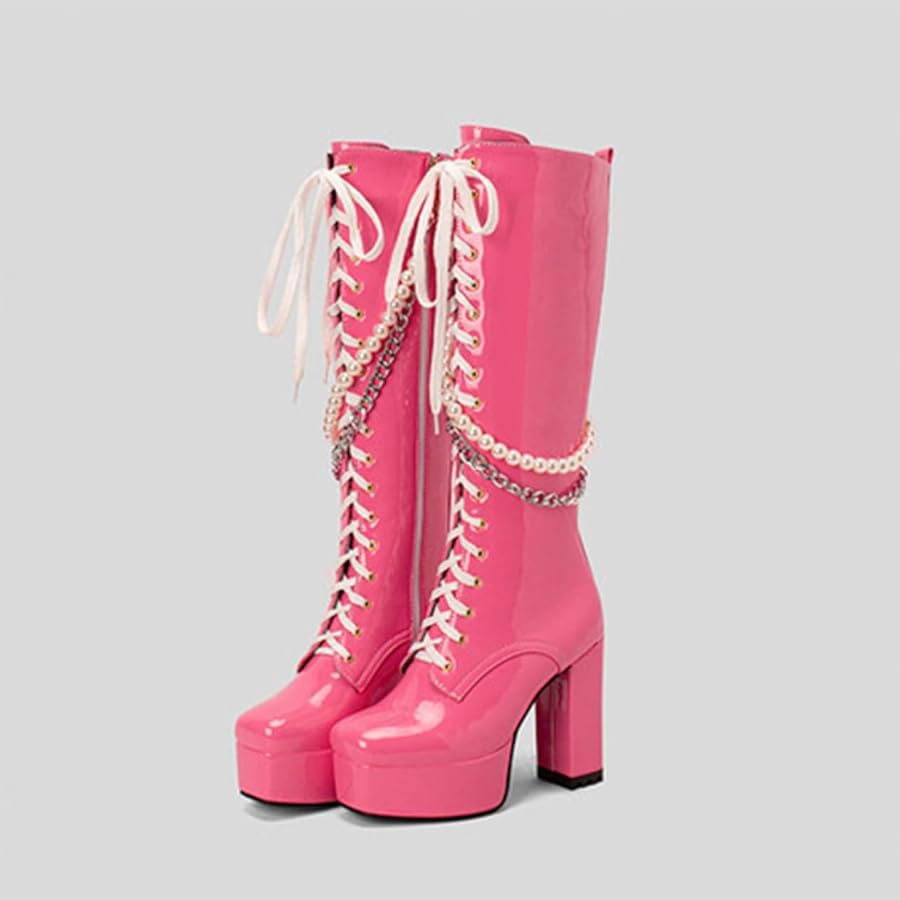 Amazon | [GHSDQ] ゴスロリ 風 編み上げ ピンク 厚底 エナメル ロング