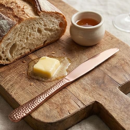 Image of 9 inch Hammered Rosegold Dinner Knives | 5-Piece Premium Stainless Steel Flatware Set of Steak Knives | Elegant Dishwasher-Safe Cutlery for Home, Restaurants, and Gifting