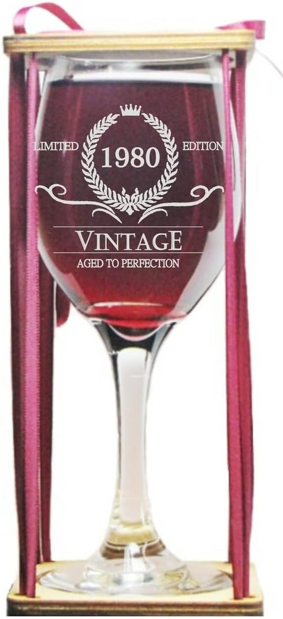 Vintage 1980 Stemmed Wine Glass with Charm and Presentation Packaging