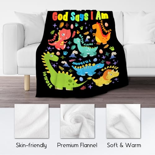 Dinosaur Blanket, Cozy Soft Throw Gifts for Teens Boys, 50x60 Inch Cute Flannel Blanket for Dinosaur Lovers, God Says I Am Throw Blankets for Bed Travel