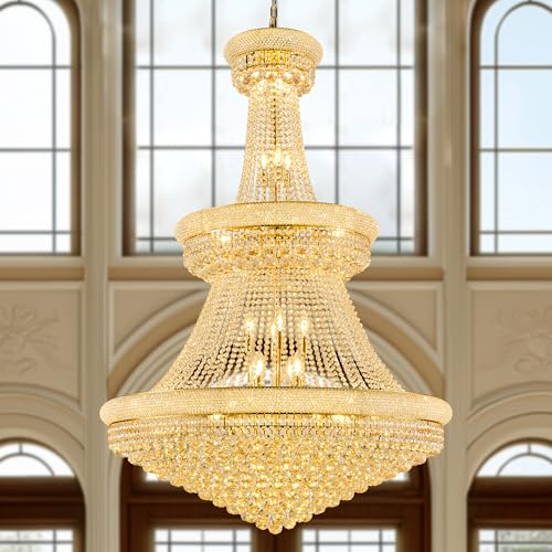 Dvasovio 42'' W Luxury 3-Tier Empire Crystal Chandelier, 36 LED Bulbs, 480 Hand-Strung K9 Crystals (4 Spares), 79-Inch Adjustable Chain, Ideal for Foyer, Staircase, Double-Height Living Room (Gold)