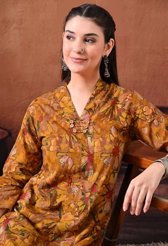 Image of Ichaa Women's Pure Cotton A-Line Ethnic V-Neck Kurta with 3 /4th Sleeve for Daily and Office Wear, in Plus Sizes