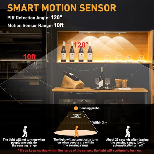 Image of One94Store 40cm Motion Sensor LED Light, Rechargeable 1200mAh Under Cabinet Lamp, Dimmable Wireless Stick-On Lighting for Closet, Kitchen, Wardrobe & Stairs (Pack of 3, Warm White)