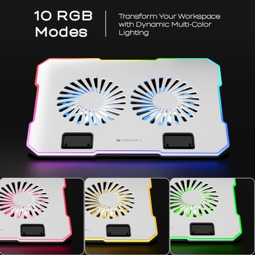 Image of Zebronics NC6800 Laptop Cooling Pad, Dual 120mm Fans, Up to 17-Inch Laptop Support, 65 CFM Airflow, 10 RGB Modes, 5-Level Adjustable Stand, Dual USB Hub, Fan Speed Control, Anti-Slip Pads (Silver)