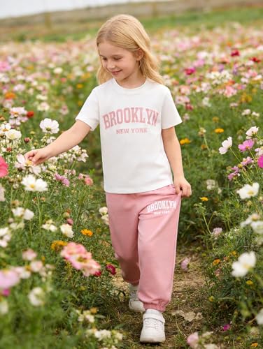 Image of Girls 4 Pieces Outfits Short Sleeve Printed Tee Tops and Pants Set 4-12Y
