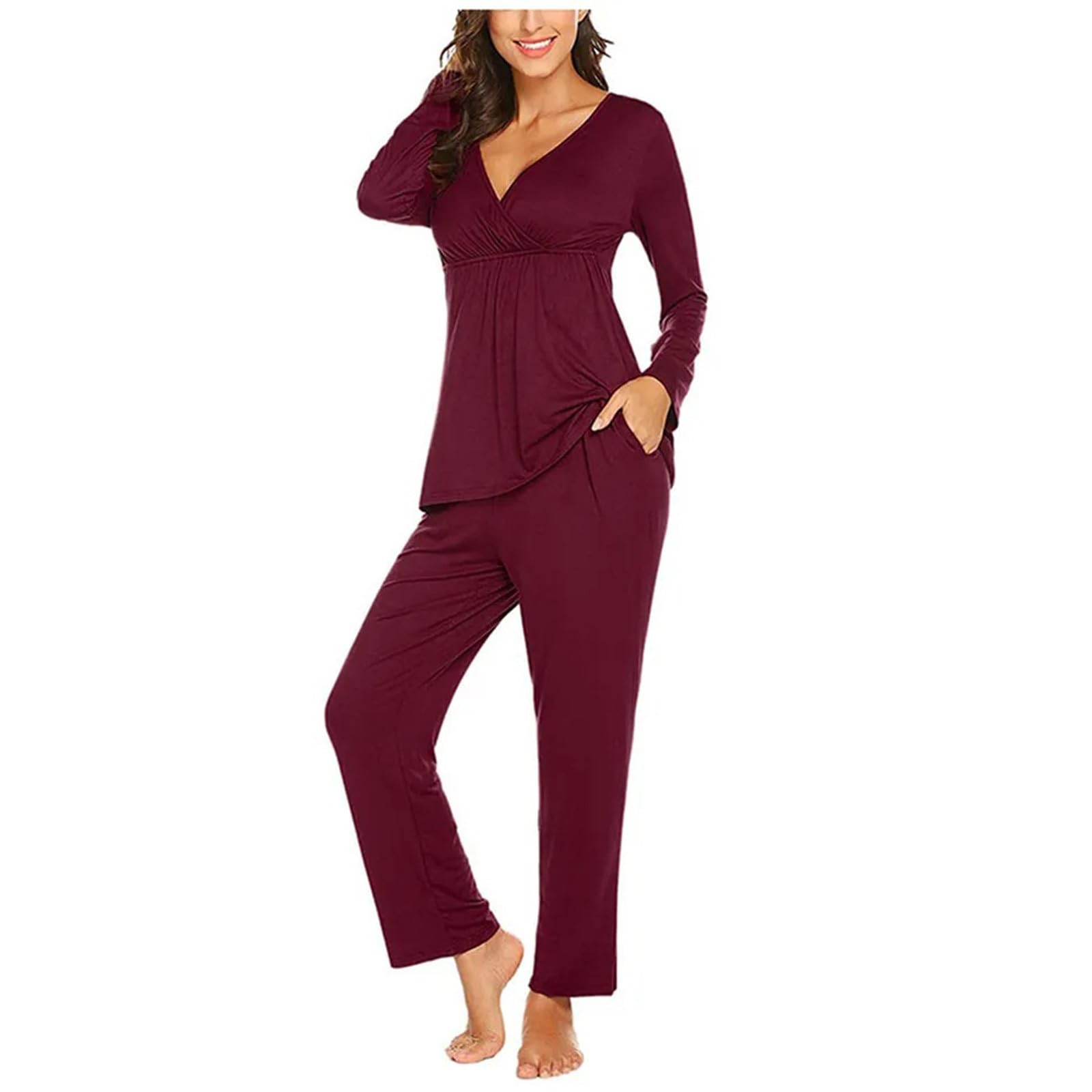 Ensemble de Pyjama Maternité Coton Pyjama de maternité Couleur Unie Longue Vêtements de Nuit Grossesse Pyjama Chaud Allaitement