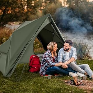 GYMAX 2-Person Camping Cot Tent, Foldable Off-Ground Cot Bed Combo with Portable Wheeled Bag, Waterproof Rainfly, 2 Mesh Doors & Skylight Roof for Adults, Hiking, Backpacking, Outdoor