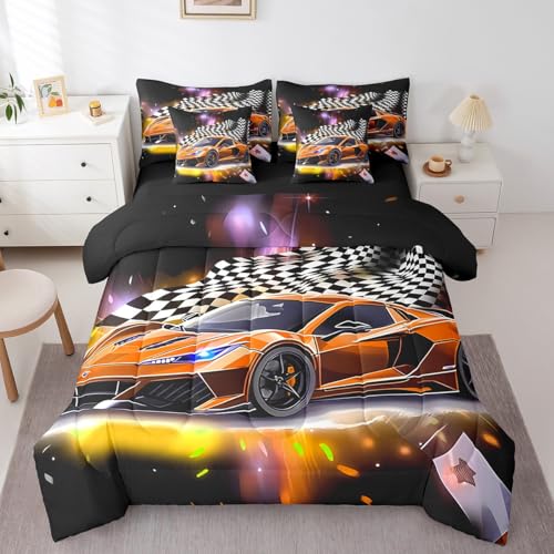Feelyou Orange Racing Car 7 Piece Bedding Set Full Size Extreme Sport Comforter Set with Sheets for Kids Boys Girls Teens Toddler Fast and Furious Bed in a Bag Black White Flag Bed Set