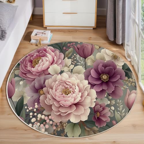 Alfombra Redonda Flores Clásicas En Acuarela, Alfombra Rosa Pelo Corto Suave, Alfombras Estampado Peonía Tulipán Antideslizante fácil de cuidar, para Dormitorio Salón Cocina Halls 90cm