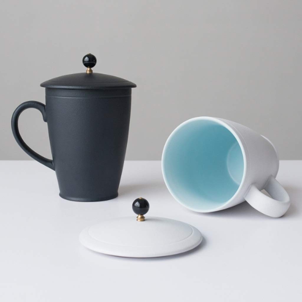 Keramik Becher Keramikbecher Matte Weiße Glasurkapazität Becher mit Hangable Deckel Kreative Kaffeetasse halb gekrümmte Griff Teetasse 300ml Zuhause und Büro (Color : Black)