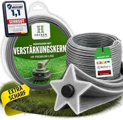 Heckenpracht® Trimmerfaden mit Verstärkungskern 3mm ⌀ x 400m | extrem scharfes Sternprofil | Faden für Freischneider | Mähfaden für Motorsense | Rasentrimmer Faden