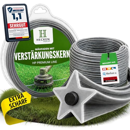 Heckenpracht Trimmerfaden mit Verstärkungskern 2mm x 50m | extrem scharfes Sternprofil | Faden für Freischneider | Mähfaden für Motorsense | Rasentrimmer Faden