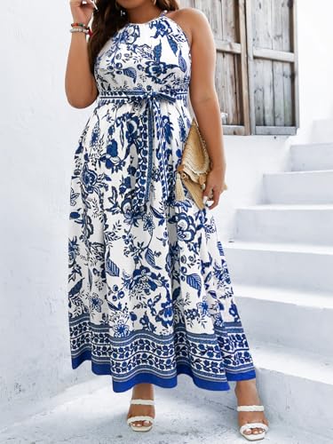 Image of Floerns Women's Plus Size Boho Sleeveless Halter Neck Tie Back A Line Long Dress