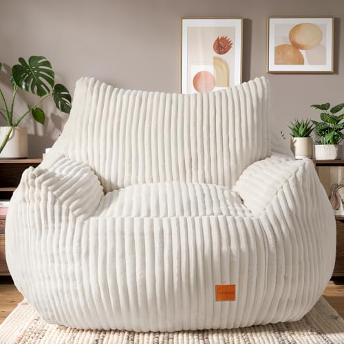Image of Giant Bean Bag Chair, Oversized Bean Bag Couch for Adults, Fluffy Corduroy BeanBag with Armrests for Living Room, Bedroom, Dorm Vacuum-Compressed for Easy Gifting, 48h to Expand, Beige