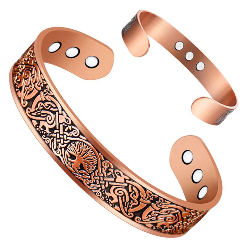 9X Copper Bracelet for Men Copper Magnetic Bracelet Ultra Strength Magnets Tree of Life Raven Pattern Adjustable Solid Pure Cuff Bangle