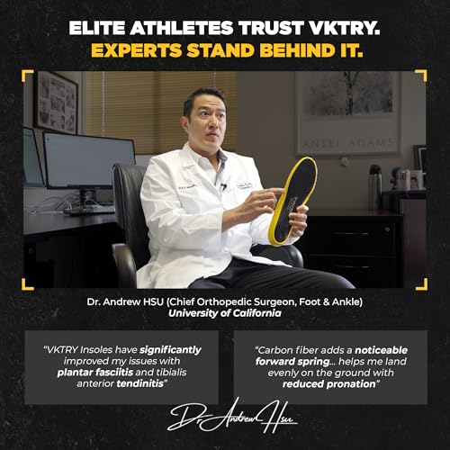 Image of VKTRY Performance Insoles - Gold VKs - Carbon Fiber Shock Absorbing Sport Shoe Insoles for Pro Running, Basketball, Athletics - Improved Explosiveness, Injury Protection and Recovery, Weight 171-220 Lbs, US Men: 10-10.5, Women: 12-12.5
