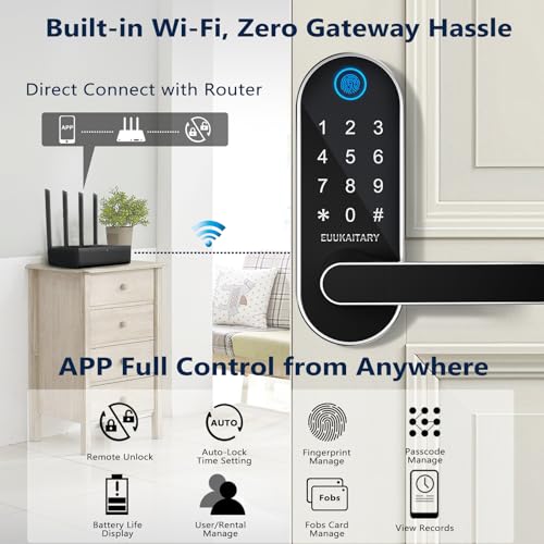 Keyless Entry Door Lock, Fingerprint Door Lock, Smart Locks for Front Door & Bedroom, Built-in WiFi, App Remote Control, Digital Keypad with Knob, Auto Lock, Electronic Locks with Handle
