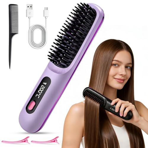 Go Brush Pro - Cepillo alisador de cabello inalámbrico, cepillos alisadores portátiles para viajes, mini cepillos de pelo inalámbricos de calentamiento rápido con pantalla LED, 3 temperaturas