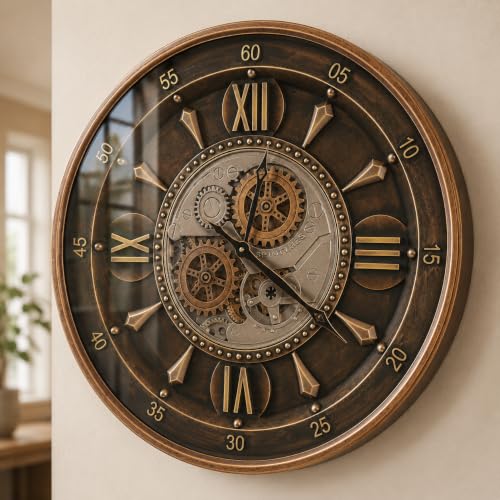 October Elf 24 Inch Wall Clock with Moving Gears Large Industrial Steampunk Metal Clock Antique Gold Oversized Farmhouse Decor Wall Clock for Living Room Home Office(Brown with Roman Numerals)