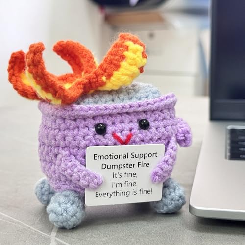 Image of RovyFota Positive Crochet Dumpster Fire Plush - Stress Relief Amigurumi for Adults & Teens, Funny Desk Decor, Emotional Support Gift for Coworkers, College Students, Roommates (Purple)