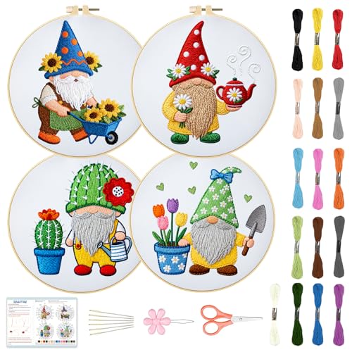 Image of BEUNITONE 4 Set Gardener Gnome Embroidery Kit for Adult Beginners with Hoop