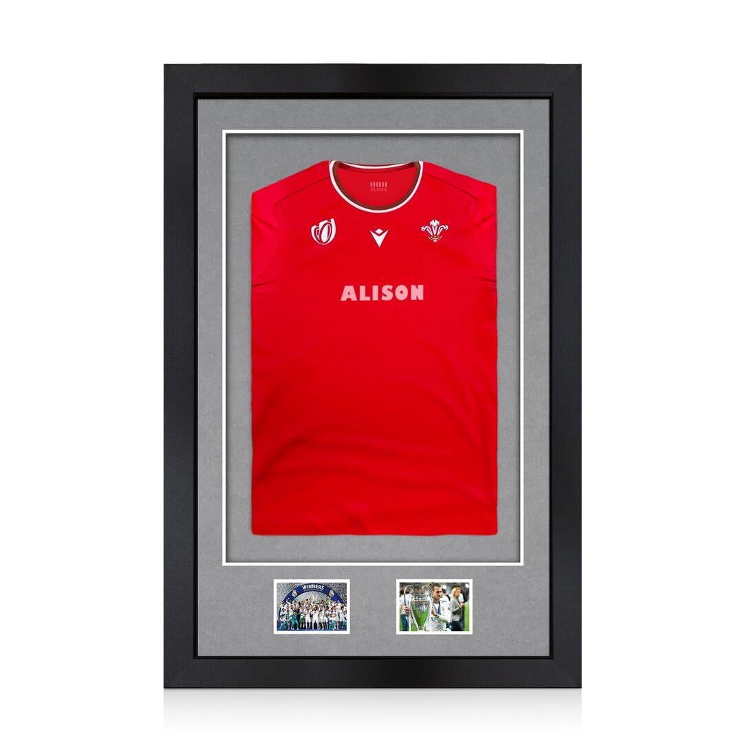 Alison Kingsgate 90×60CM Football Shirt Frame - Deep 3D Box Frame Sports Shirt Display with Mid Grey Mount 58×40CM Shirt Window + Two 5×3.5” Photo Openings - DIY Kit with Perspex Front - Matte Black