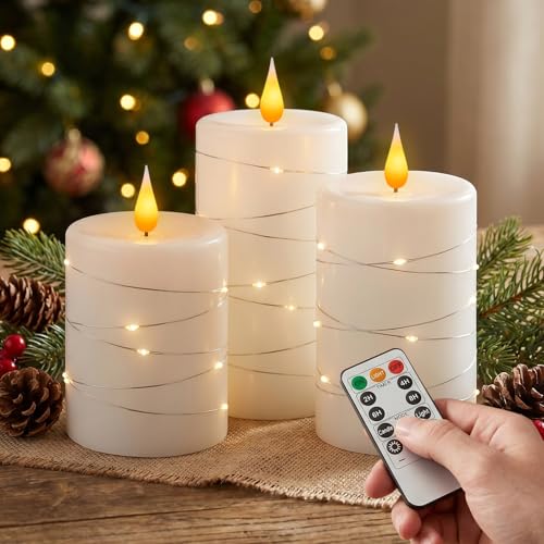 Velas sin llama Amagic con luces de cadena de hilo y mando a distancia en juego de 3 tamaños