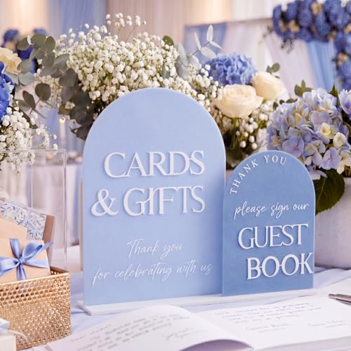 Amyhill 1 Set Acrylic Wedding Signs for Reception 8 10 Cards and Gifts 5 x 7 Please Sign Our Guestbook Sign with Stand Wedding Table Decor for Marriage Memorial Ceremony (Blue Fashion)