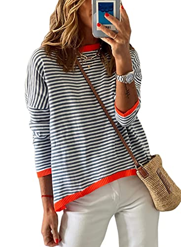 Image of Womens Striped Lightweight Cotton Sweaters Long Sleeve Crew Neck Color Block Casual Knitted Pullover Tops