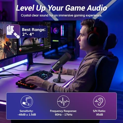 Image of TONOR Dynamic Gaming Microphone XLR /USB Mic with AI Noise Cancellation | Desktop Stand Set, RGB, Tap Mute, 3.5mm Jack, Gain Control, Microfono for Content Creators, Black, TD510 AIR S