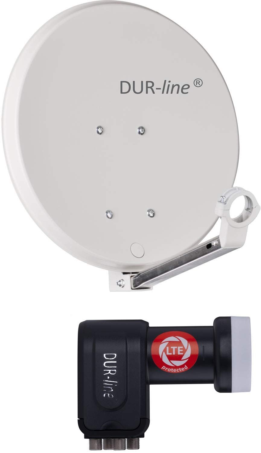 DUR-line DSA 40 cm jasnoszary + Quad LNB zestaw 4 uczestników, wysokowydajne lusterko z twardego aluminium – [antena satelitarna, antena satelitarna, kemping, balkon, mini łódka]