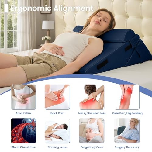 Image of Sasttie Wedge Pillow Set for After Surgery, 2PCS Adjustable Bed Wedge Pillow Headboard with Memory Foam Neck Cushion - for Acid Reflux, Sleeping, Neck & Back Support, Navy