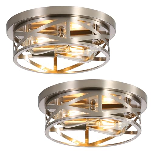 Sewterolyn Brushed Nickel Flush Mount Ceiling Light Fixture,2-Light Industrial Farmhouse Ceiling...