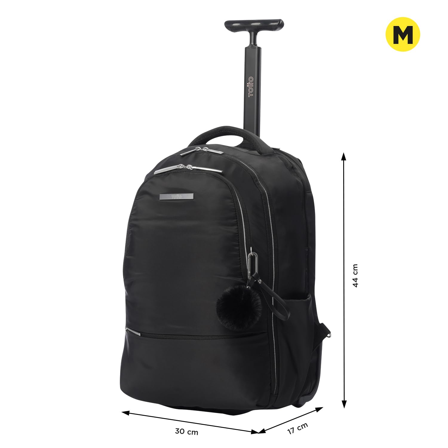 TOTTO - Mochila de Viaje con Ruedas, Modelo Trolley, Capacidad 22 L, Compartimento Pc 15”, Bolsillo para Botella, Bolsillo Interno Cremallera, Manija Telescópica, Pasador para Maleta, Color Negro