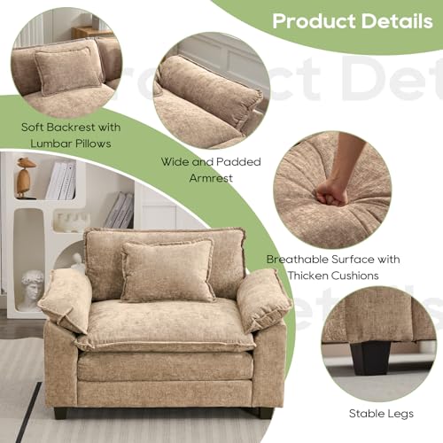 Image of Oprisen Modular Sectional Sofa, Comfy Cloud Couch Sectional Sofa, Chenille Sofa Sleeper Deep Seat Sofa with Throw Pillows for Living Room (Khaki, 53 inch- Single Seat)
